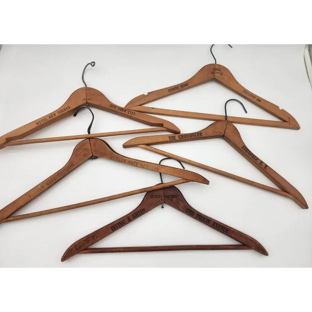 Vtg Lot of 5 Wood Coat Hangers Hotel Dept Store Advertising Syracuse New Yorker